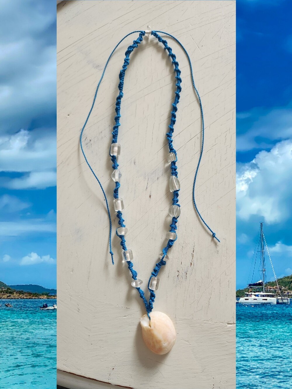 Handmade Blue Cord Necklace with Shell Pendant - Picture 2 of 2